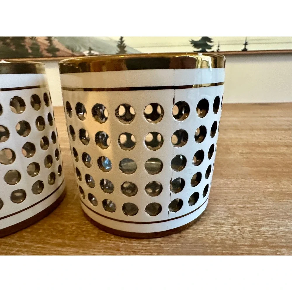 DecoFlair Gold Chrome Ceramic Candle Holder Set White Perforated Dot Mid Century